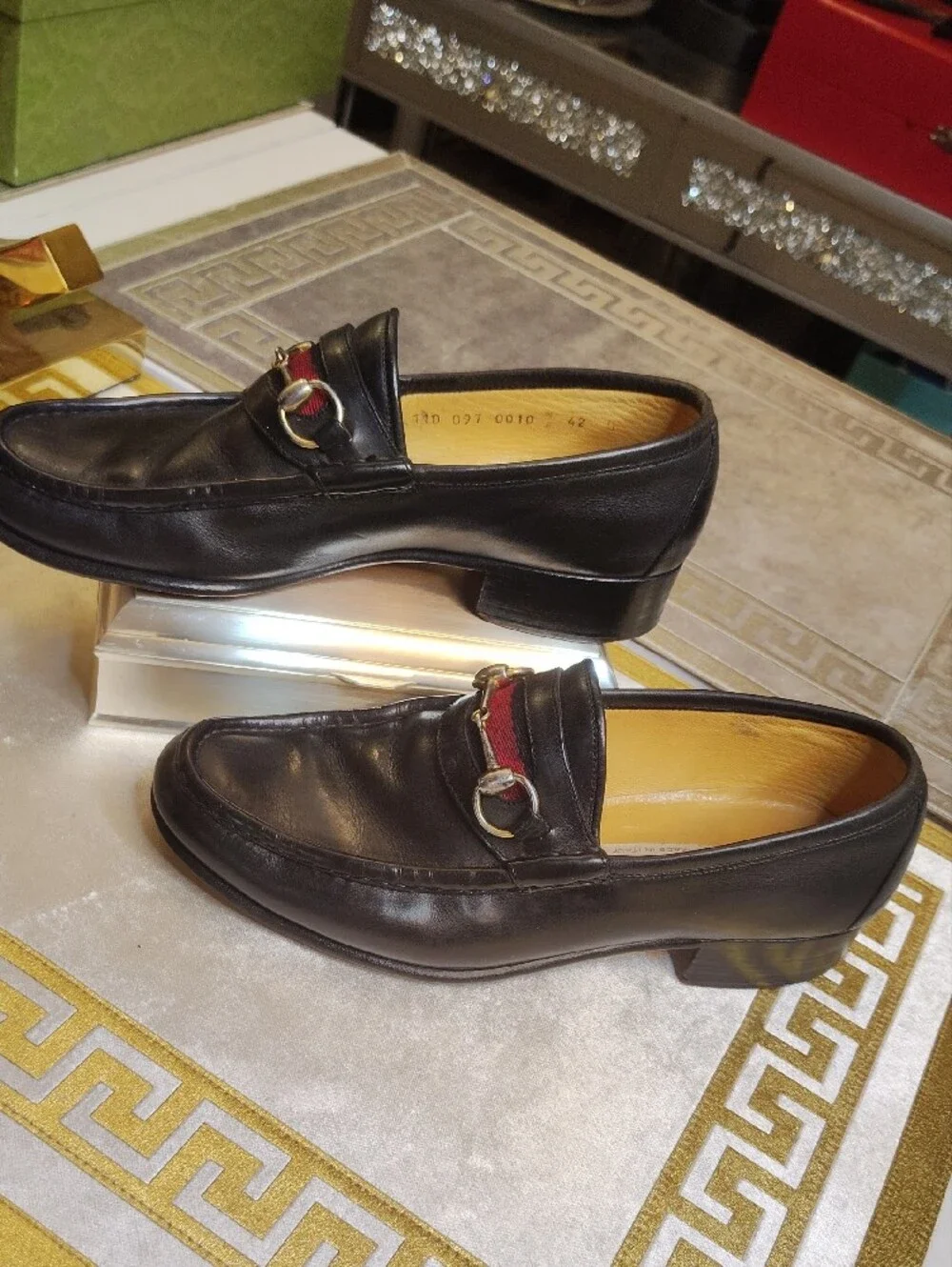 Vintage 1950's Gucci Black Leather Horsebit Loafers with Red Stripe Size 42